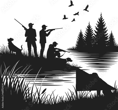 Silhouette of Hunters with Dogs by River, Duck Hunting Scene, Outdoor Wildlife Adventure, Nature Landscape, Forest and Water Reflection