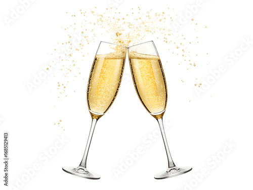 Two champagne glasses toasting on transparent background, PNG
