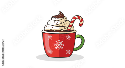Festive Hot Chocolate with Whipped Cream and Candy Cane.
