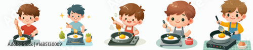 vector of a little boy frying a sunny side up egg