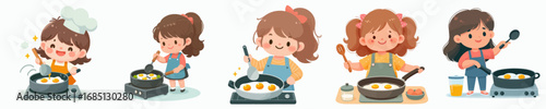 vector of a little girl frying a sunny side up egg