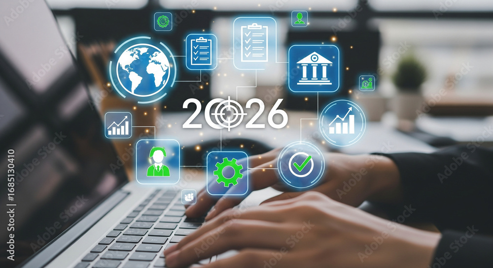 Naklejka premium Future Planning – Strategic Goals and Digital Forecast Symbolism, Business, Conceptual, Emotion, Abstract, Laptop Typing Scene and 2026 Target Interface Moment