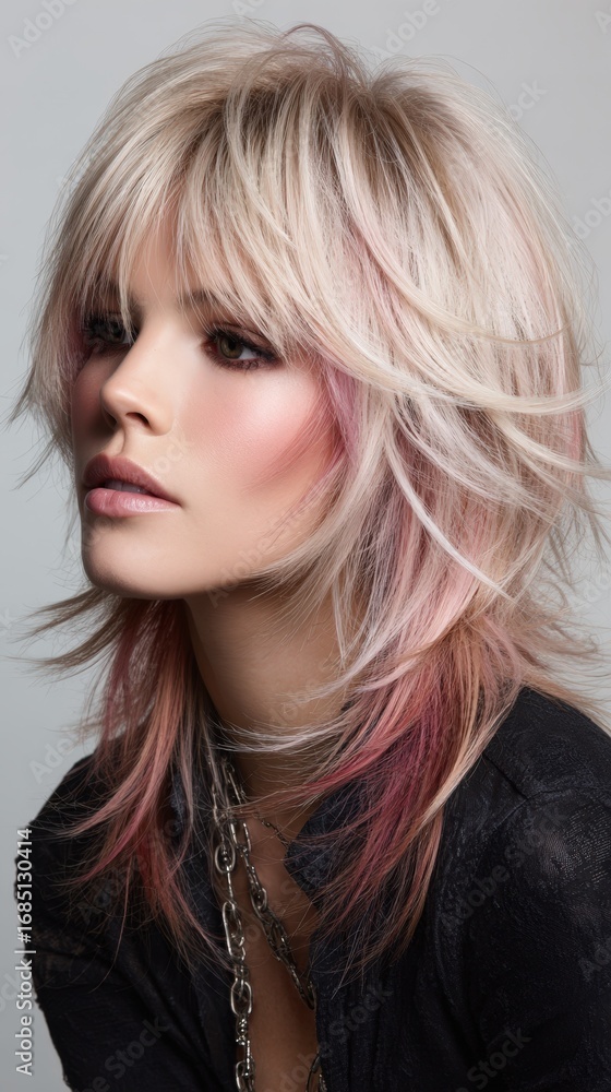 Naklejka premium Stylish Blonde Woman with Pink Highlights and Layered Haircut Modern Fashionable Hairstyle for Women