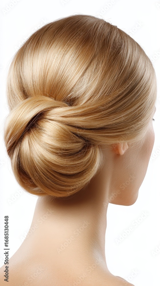 Naklejka premium Elegant Low Bun Hairstyle for Women with Blonde Hair Back View Studio Shot
