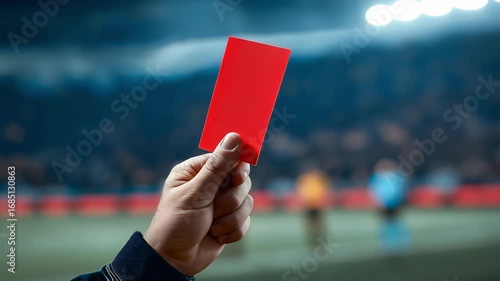 Hand holding a referee red soccer record player foul card in the middle of a soccer game, Red card, Football referee warning and recorded	