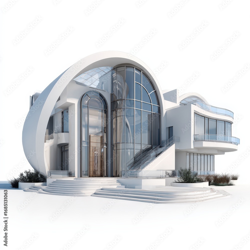 Fototapeta premium Modern Architectural Design Luxury Home Exterior Rendering with Large Windows and Curved Walls