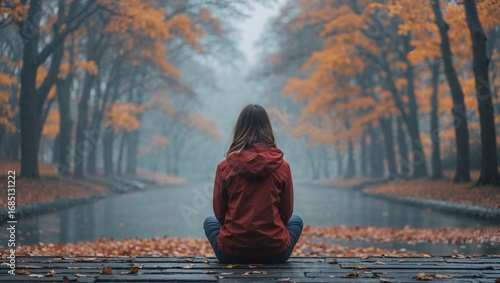 Solitary woman in red hoodie sitting on wooden dock overlooking misty autumn canal lined with golden trees and fallen leaves
