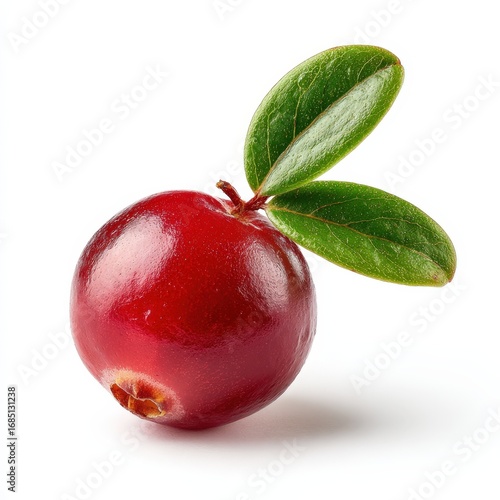 Single Fresh Cranberry with Green Leaves Isolated on White Background for Healthy Food and Drink Recipes