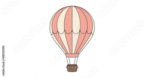 A drawing of a pink and white striped hot air balloon with a brown basket on a white background