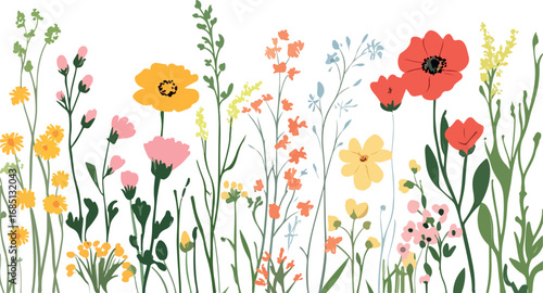 Vibrant watercolor illustration of a diverse meadow filled with colorful wildflowers and delicate green stems