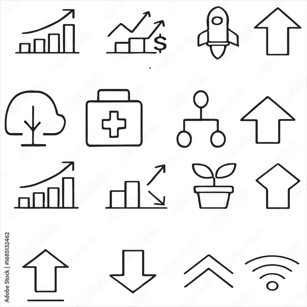 Increase and Decrease icon set. Contains such icons as stock market, profit, launch, Increase, 
Decrease, Growth, Fall, up, down, and more icons vector