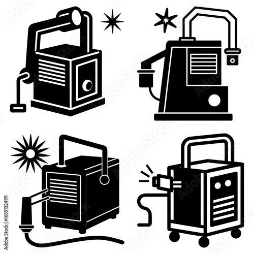 Illustration of four welding machines with sparks and different designs in black and white style