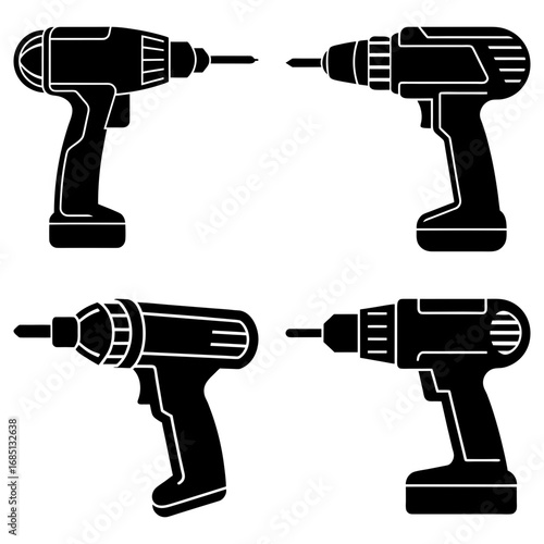 Illustration of four black cordless drills with various designs and drill bits on a white background