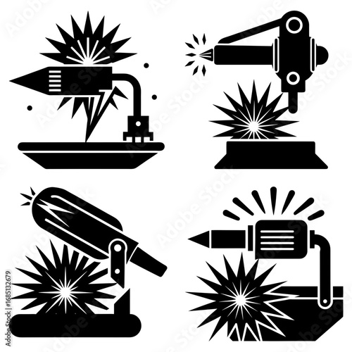 Illustration of four distinct welding machines with sparks in a black and white vector graphic design