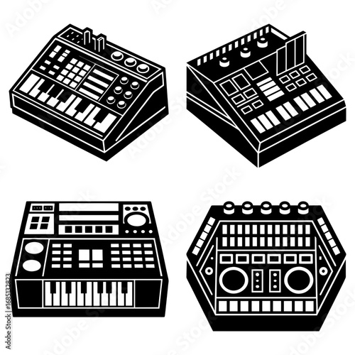 Illustration of four different black and white synthesizers with various knobs and buttons displayed