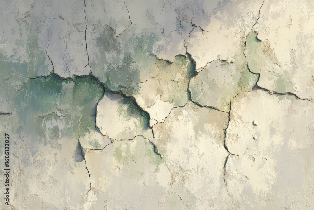 Obraz premium A weathered surface, displaying deep cracks and muted tones of beige and muted green, showcasing a textured and aged facade.