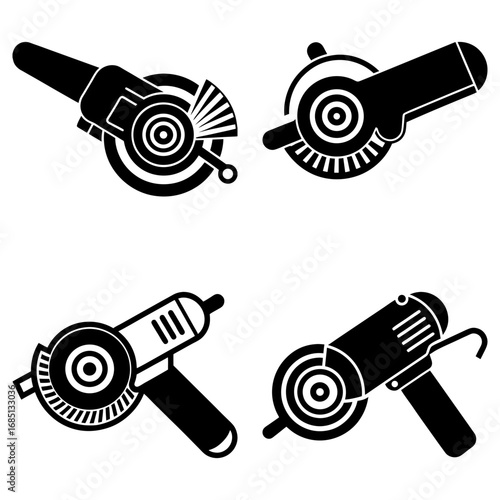 Illustration showing four different styles of angle grinders in black and white vector format
