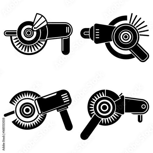 Illustration of four black and white angle grinders with varying designs and protective guards shown