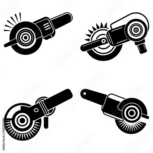Four black and white illustrations showcasing different angle grinders in various orientations and styles