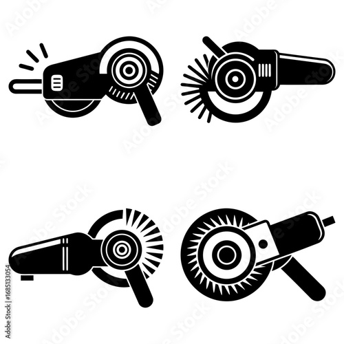 Illustration showcasing four distinct black and white angle grinders in various configurations