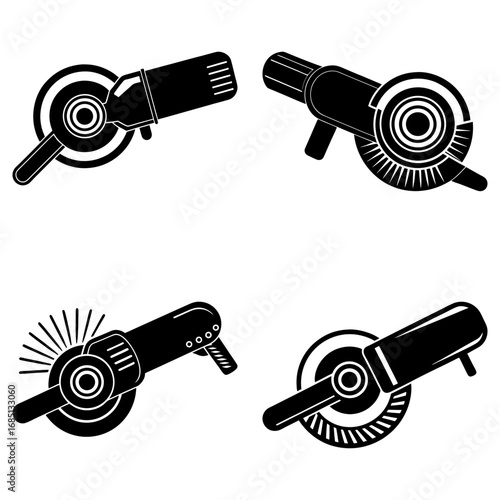 Illustration showing four different black and white angle grinders on a white background design view