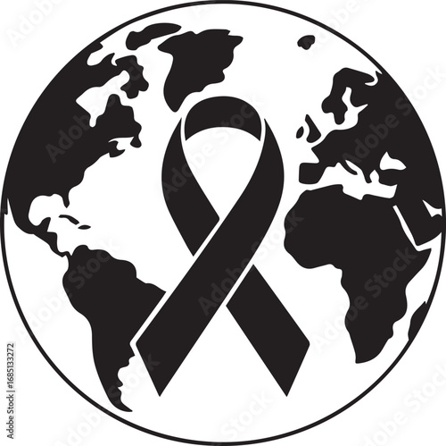 A black and white illustration of a globe with a black awareness ribbon superimposed over it, symbolizing worldwide support for a cause.