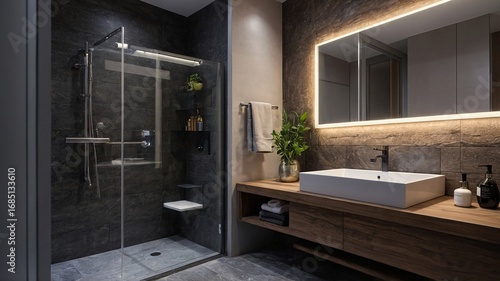 Elegant modern bathroom featuring a sleek shower, wooden vanity, and ambient lighting for a serene atmosphere.