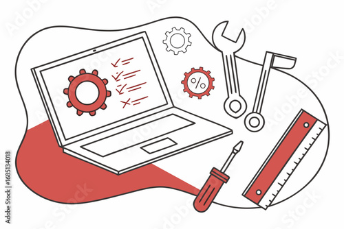 Flat vector illustration of laptop with software development and tools
