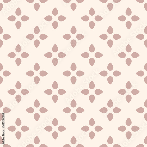 Simple floral seamless pattern. Cute vector geometric texture with leaves, bold flower silhouettes. Retro vintage mid-century style background. Pink and beige color. Repeated design for decor, textile