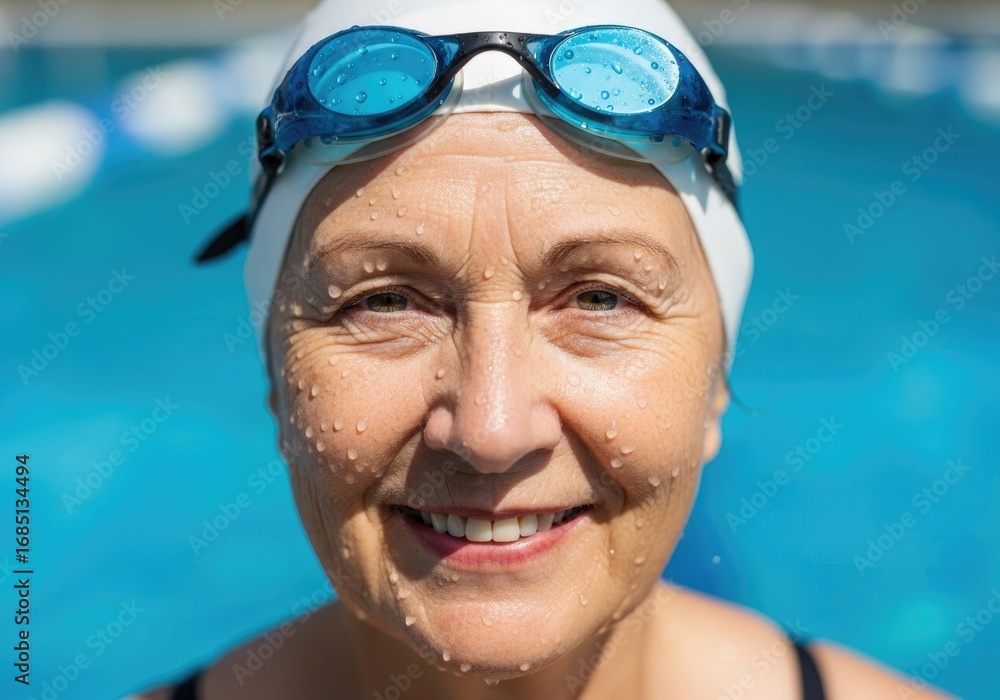 Fototapeta premium Close up portrait of a smiling senior woman in a swim cap with water droplets.