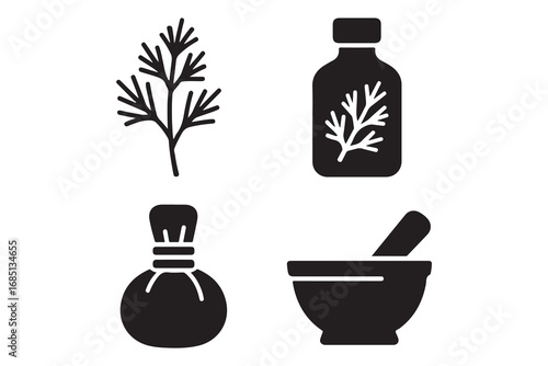 Black and White Medicinal Herbs Icons Set on White Background