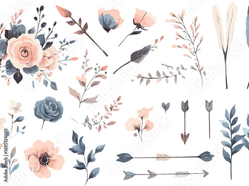 Delicate watercolor floral elements with feathers and arrows for bohemian wedding invitations