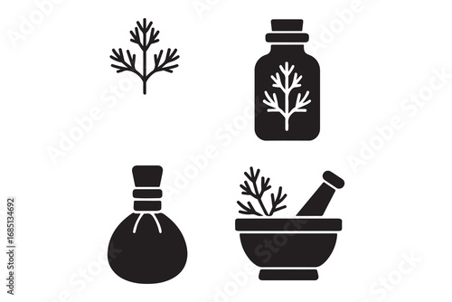 Black and White Medicinal Herbs Icons Set on White Background