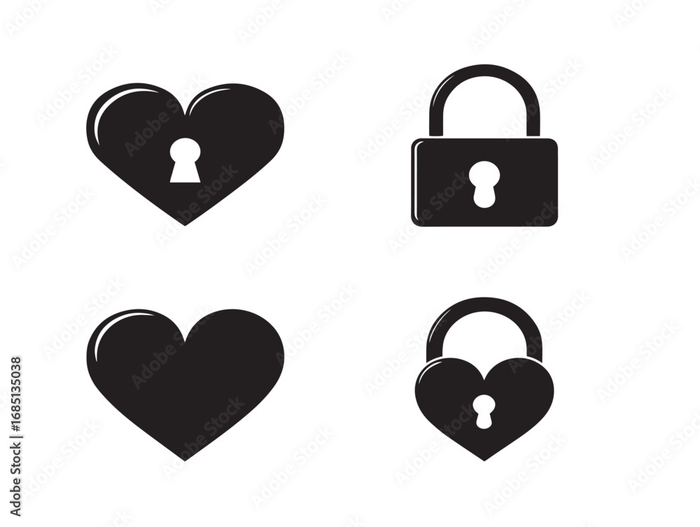 Romantic Heart Lock Silhouette Icons For Valentine Designs