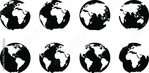 Globe Icon Set – Earth, World Map, Planet, Global, Continents, Black Silhouette, Vector Clipart