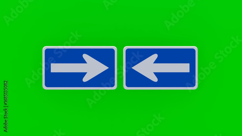 Blue road sign with two white arrows pointing left and right on a bright green background