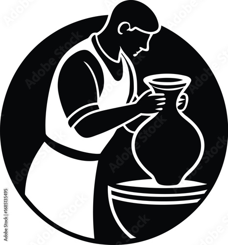 A stylized silhouette of a potter working at a pottery wheel, creating a vase. The image is contained within a black circle.
