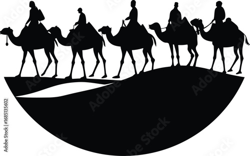 A black silhouette depicts five camels with riders traversing a sandy dune under a clear sky.