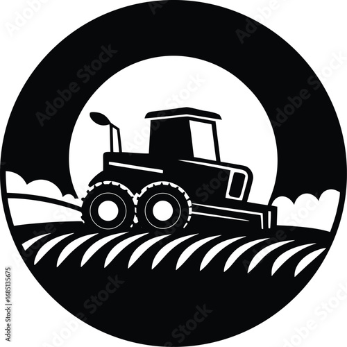 A stylized black and white circular graphic depicts a tractor plowing a field with a large moon or sun in the background.