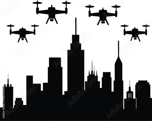 A silhouette of a modern city skyline with several drones flying above.