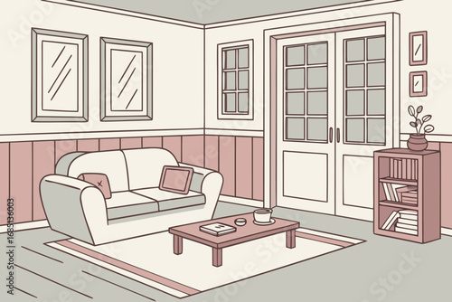 Cozy living room illustration with comfortable sofa coffee table and bookshelf showing a relaxing interior space perfect for home decor and lifestyle themes