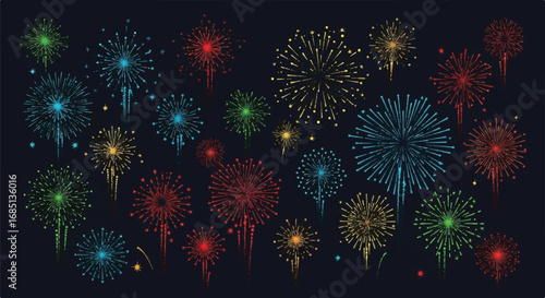 Colorful fireworks illustration on a dark background vector design for festive events perfect for backgrounds posters and graphic elements