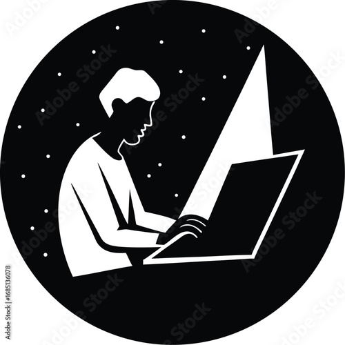 A silhouetted person works intently on a laptop in a dark, star-filled environment, illuminated by the screen's glow.