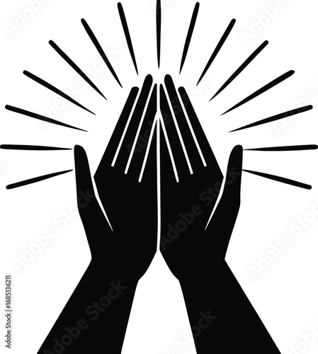 A black silhouette of two hands cupped together, palms facing upward, with radiating lines symbolizing light or energy emanating from above.