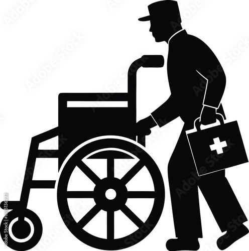 A black silhouette depicts a person in a hat and suit pushing a wheelchair while carrying a medical bag with a cross.