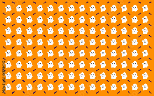 Orange background has bats and many white halloween ghosts illustrations spread randomly.