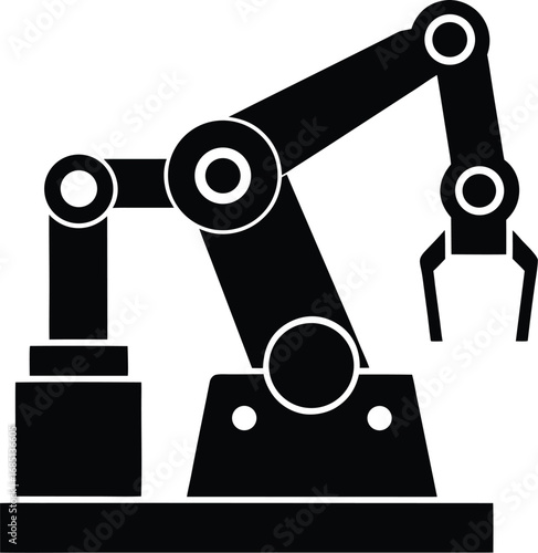 A stylized black silhouette of an industrial robotic arm with multiple joints and a gripping claw, mounted on a base.
