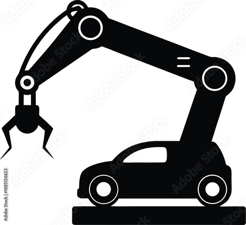 A black silhouette of a robotic arm with a gripper is positioned over a car silhouette, suggesting automated manufacturing.