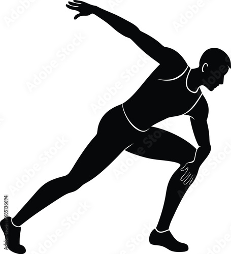 A black silhouette of a male athlete in a dynamic running pose, captured mid-stride with arms and legs extended.