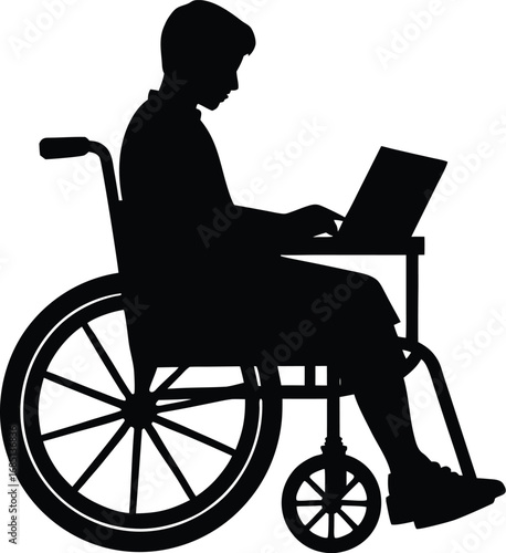 A black silhouette of a person in a wheelchair is shown working on a laptop computer, isolated on a white background.